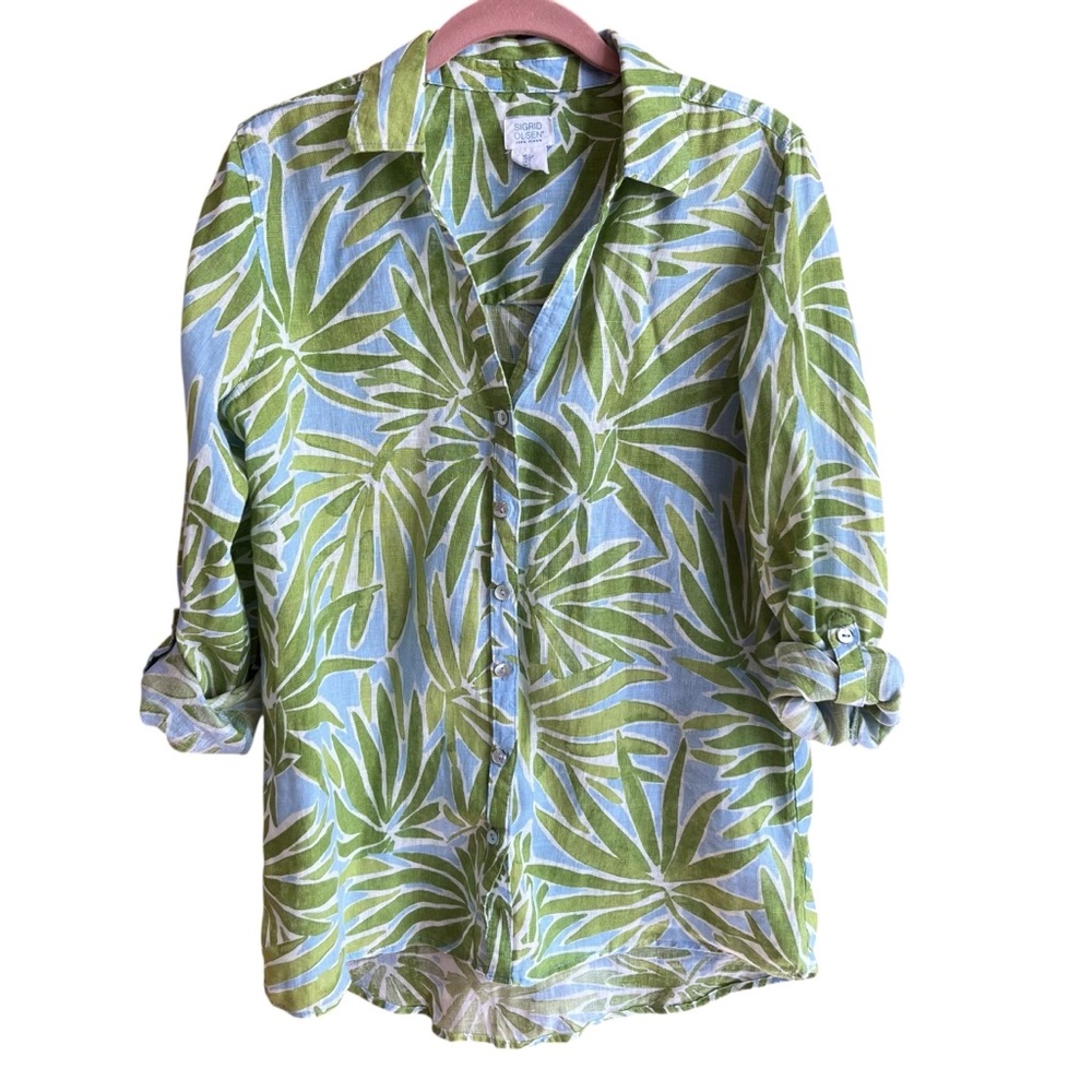 Sigrid Olsen Palm Leaf Linen Button Up Shirt Long Sleeve Roll Tab Coastal
